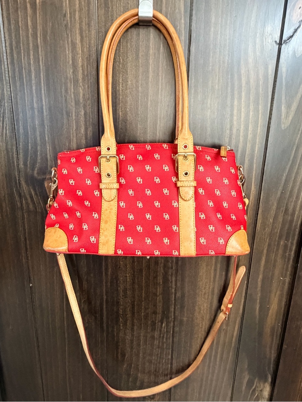 Dooney & Bourke Red Logo Canvas Shoulder Bag w/ Tan Leather Trim crossbody strap - Picture 8 of 13